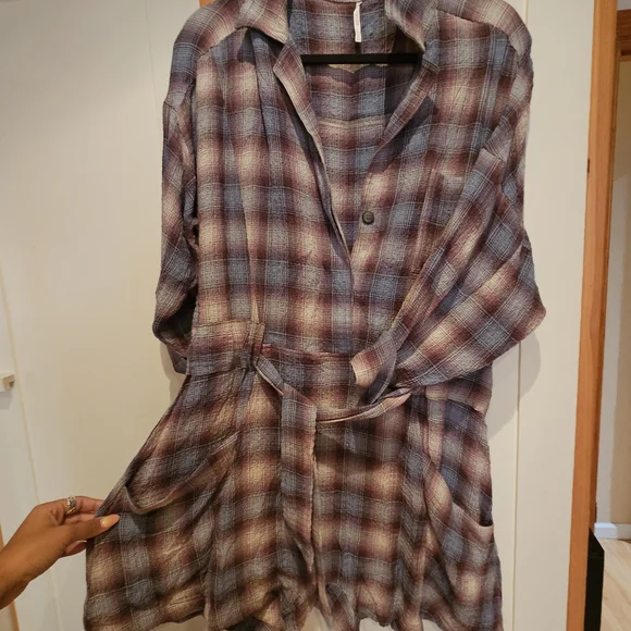 Plaid Button-Up Shirt Short Romper with Belt - Picture 1 of 4